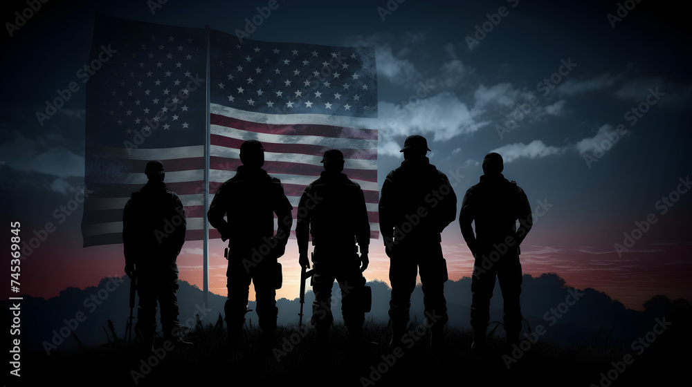 veterans lp us flag in silhouette - obrazy, fototapety, plakaty 