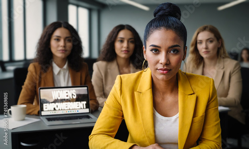 A group of diverse and empowered businesswomen are engaged in a meeting at the office. They exude confidence and leadership as they collaborate on innovative solutions for business challenges. The