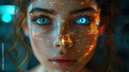 Close-up of woman digital eye with dot network flying through 3D rendering © Oleg Kolbasin