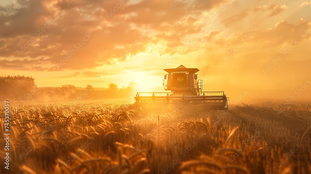 Majestic sunset over a golden wheat field with a harvester in action, representing the concept of agriculture and harvest season Majestic sunset over a golden wheat field with a harvester in action, representing the concept of agriculture and harvest season