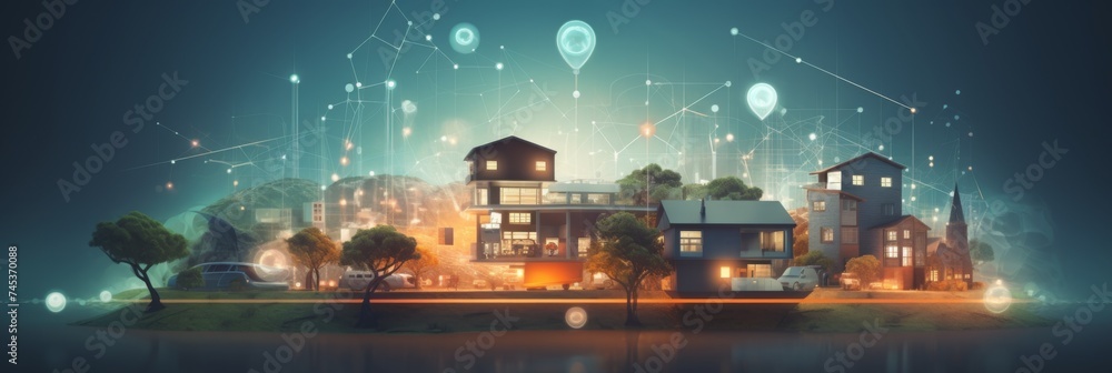 Smart Neighborhood Network - Illuminated houses connected by futuristic digital interface demonstrating smart city concept.