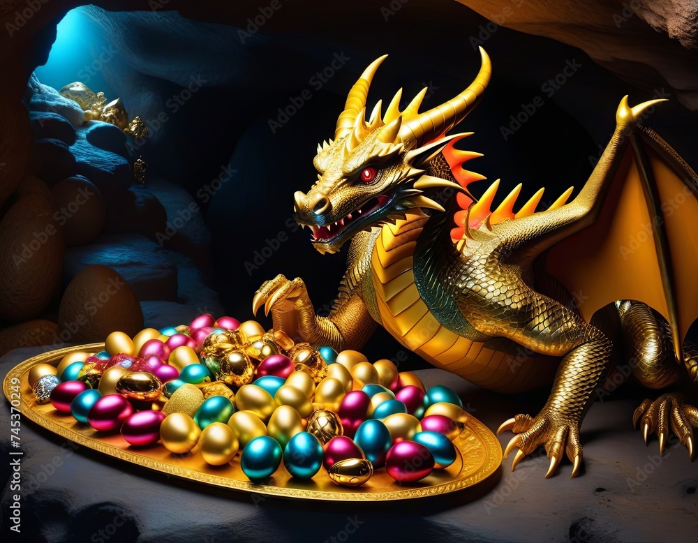 a dragon near a pile of colored eggs in a cave
