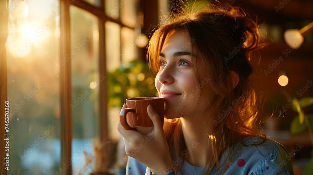 Aconchego matinal Mulher apreciando a tranquilidade em sua cozinha tomando café e observando o nascer do sol pela janela - obrazy, fototapety, plakaty 