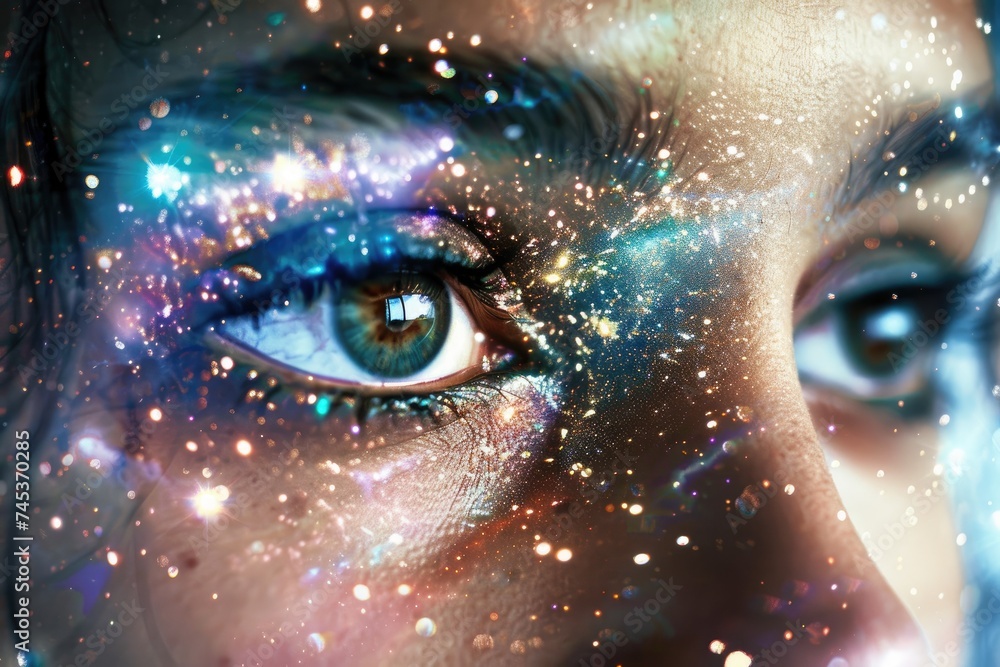 A close-up of a person's eyes merged with the texture of swirling galaxy stars in a double exposure A close-up of a person's eyes merged with the texture of swirling galaxy stars in a double exposure