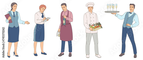 Restaurant staff smiling male and female characters. Manager, cook, waiter sommelier employees