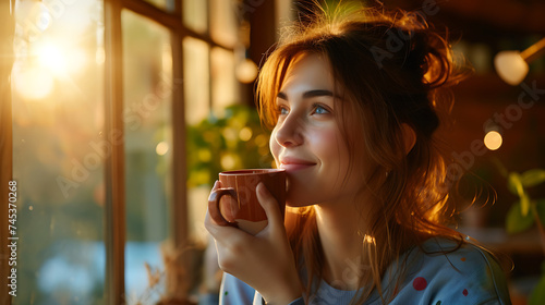Aconchego matinal Mulher apreciando a tranquilidade em sua cozinha tomando café e observando o nascer do sol pela janela photo