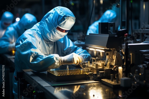 Scientist in protective suit conducting experiments in bright, state-of-the-art laboratory setting