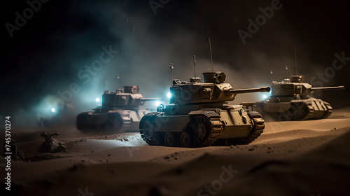 a group of war tanks in a storm on desert