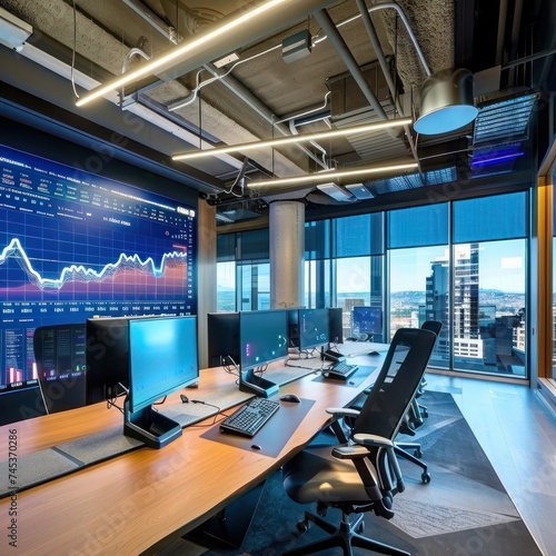Modern Financial Trading Office Overlooking Cityscape at Night
