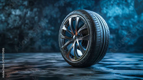 tires on a car, tire fitting concept, dark blue background