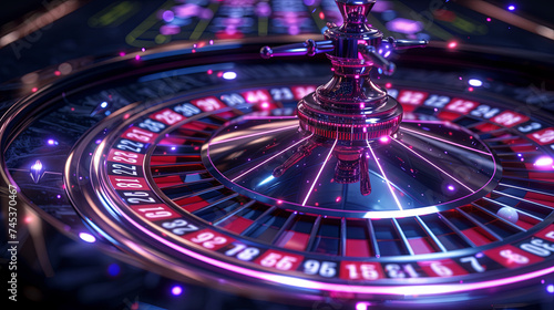 neon purple bright Roulette in casinos, gambling concept