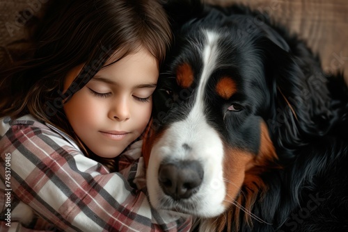 A small girl snugly embraces a big carnivore dog with a tartan plaid pattern