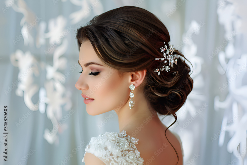 Portrait of a brunette with a fashionable wedding hairstyle, makeup and wedding jewelry in her hair, side view, natural light, light background