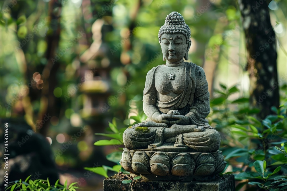 An intricately detailed statue of Buddha sits meditatively in a garden, symbolizing peace, harmony, and spiritual reflection