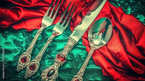 a couple of forks sitting next to each other on top of a red and green table cloth on top of a table. photo