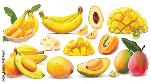 Fototapeta Naklejka Na Ścianę i Meble -  Banana and Mango Fruit Tropical Food Vector Illustration