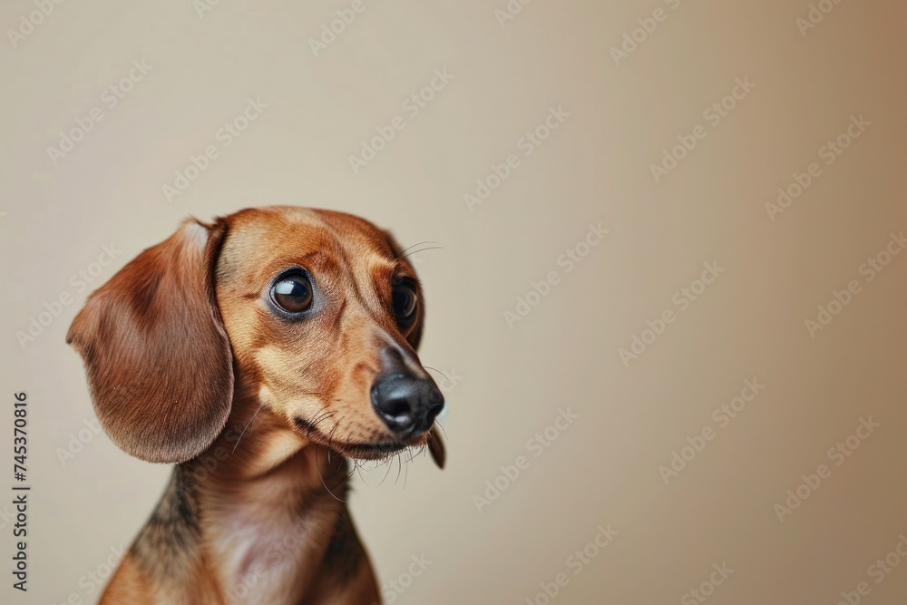 Fawn dachshund sitting on beige background, gazing at camera
