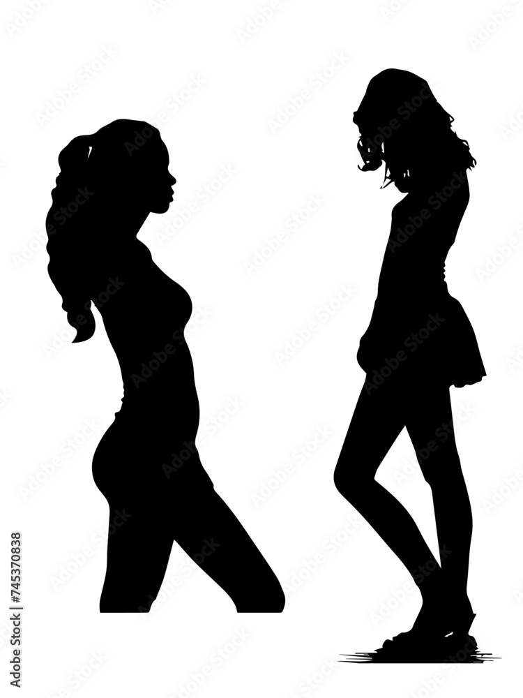 set of black silhouettes of beautiful female profiles on a white background, beauty and fashion concept