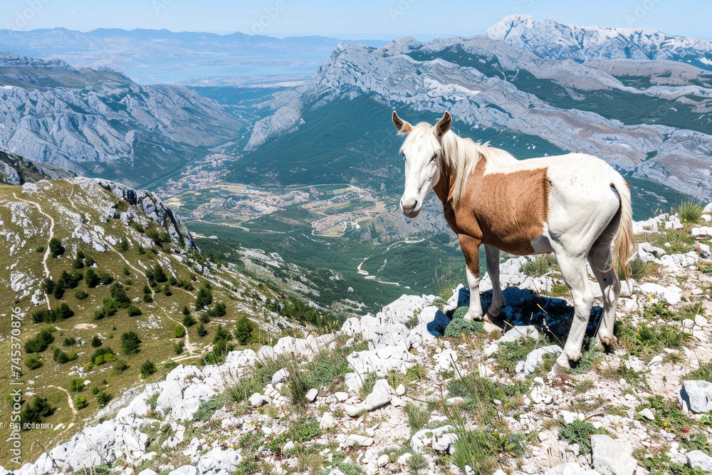 Captivating wild horse candidly captured amidst the majestic mountainous backdrop, symbolizing freedom