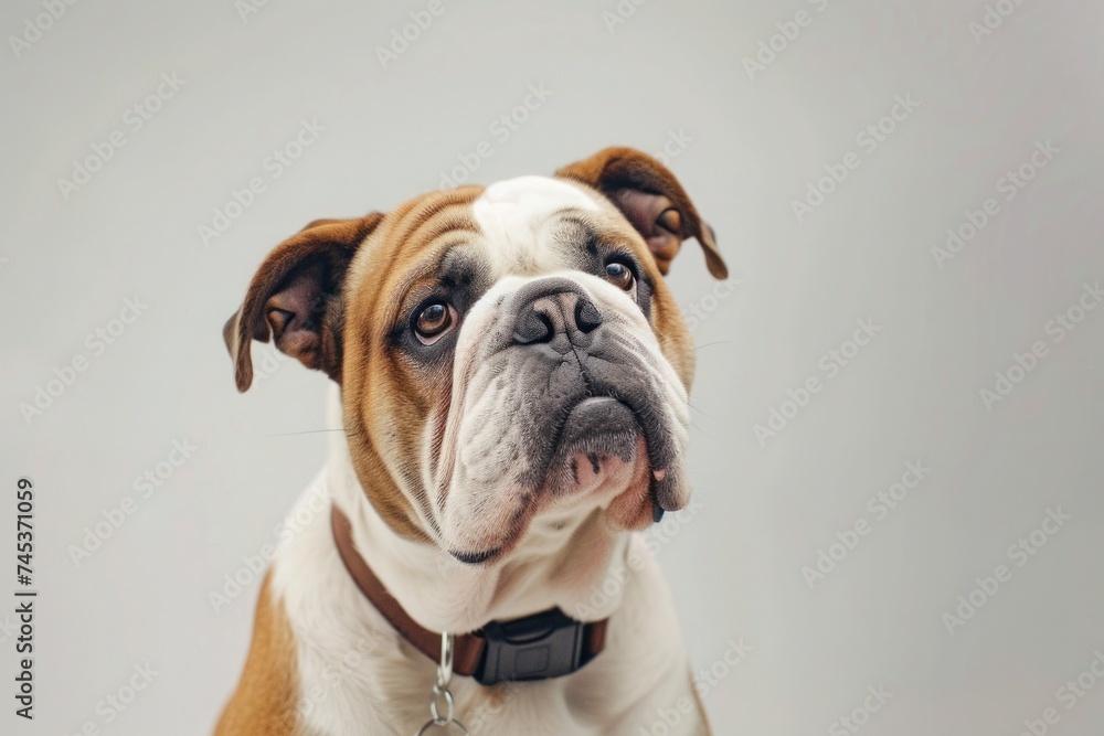 Fawn Bulldog with wrinkled snout sitting and gazing at camera Fawn Bulldog with wrinkled snout sitting and gazing at camera