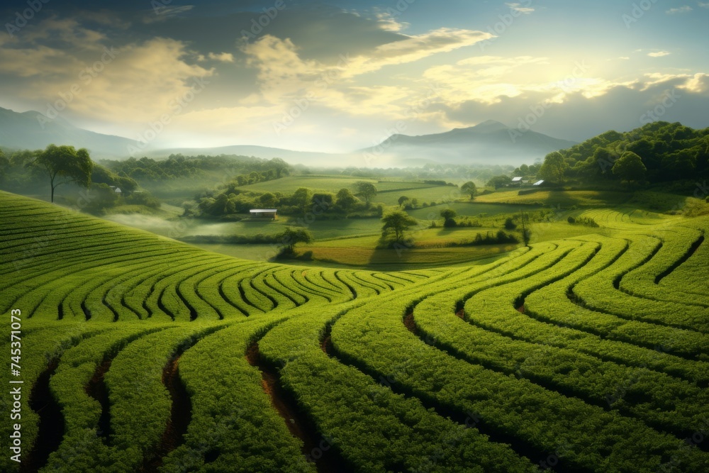 Verdant Tea Plantation - Sprawling tea plantations with patterned rows under the soft light of a rising sun.