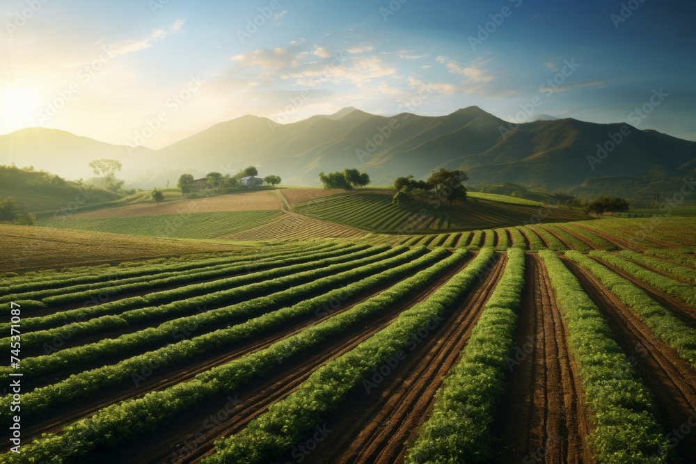 Agricultural Patterns - The mesmerizing symmetry of farm rows against the backdrop of gentle mountains at dawn.