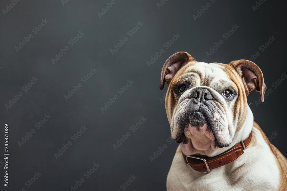 a brown and white bulldog wearing a brown collar is looking at the camera
