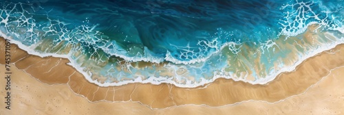 Sandy Beach Waves Texture - Overhead shot captures the dynamic interaction between the ocean's gentle waves and the soft sandy beach, illustrating nature's artistry