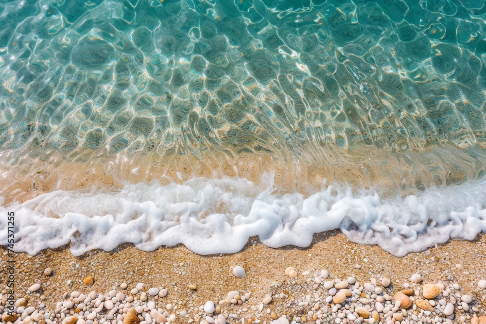 Fototapeta premium Coastal Creativity Splash - Artistic beach setup with painted waves, shells, and starfish, offering a crafted marine tableau.