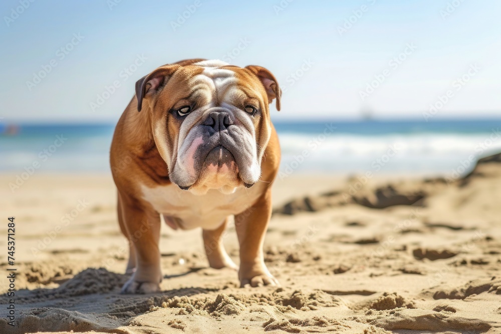 a bulldog is standing on a sandy beach looking at the camera