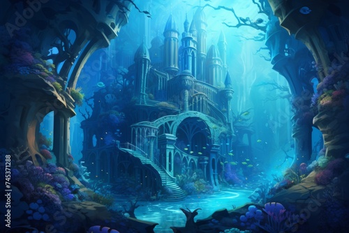 Fantasy Underwater Castle Illusion - A stunning illustration of an ethereal underwater castle, shrouded in the blue hue of the ocean’s depth, invokes a sense of mystical aquatic adventure.