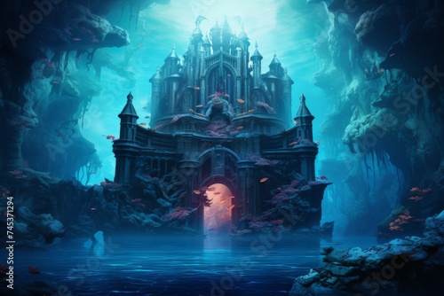 Subaquatic Majesty in Art - Artistic representation of a grand underwater castle amidst the coral reefs, portraying the allure of a mythical submerged kingdom. photo