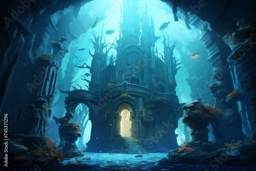 Mythical Aquatic Palace Emergence - The majestic rise of a fantasy palace from the ocean depths  surrounded by the flora and fauna of the sea  captures the imagination of legendary tales.