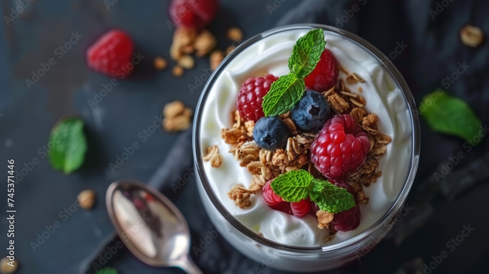 Healthy breakfast. Yogurt with granola and fresh berries. Diet, low calorie, weight loss food. Active, fit, healthy lifestyle. Healthy breakfast. Yogurt with granola and fresh berries. Diet, low calorie, weight loss food. Active, fit, healthy lifestyle.
