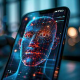 Close up of a smartphone screen displaying a secure banking transaction being authenticated through facial recognition technology highlighting the fusion of cybersecurity and personal finance