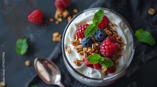 Healthy breakfast. Yogurt with granola and fresh berries. Diet, low calorie, weight loss food. Active, fit, healthy lifestyle.