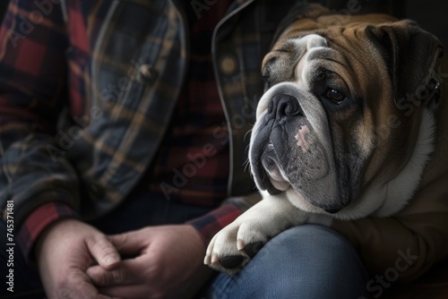 a man is sitting on a couch with a bulldog on his lap