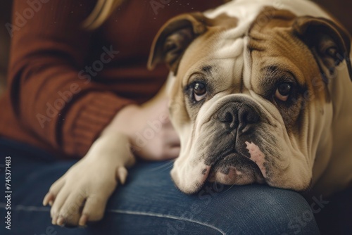 a bulldog is laying on a woman s lap