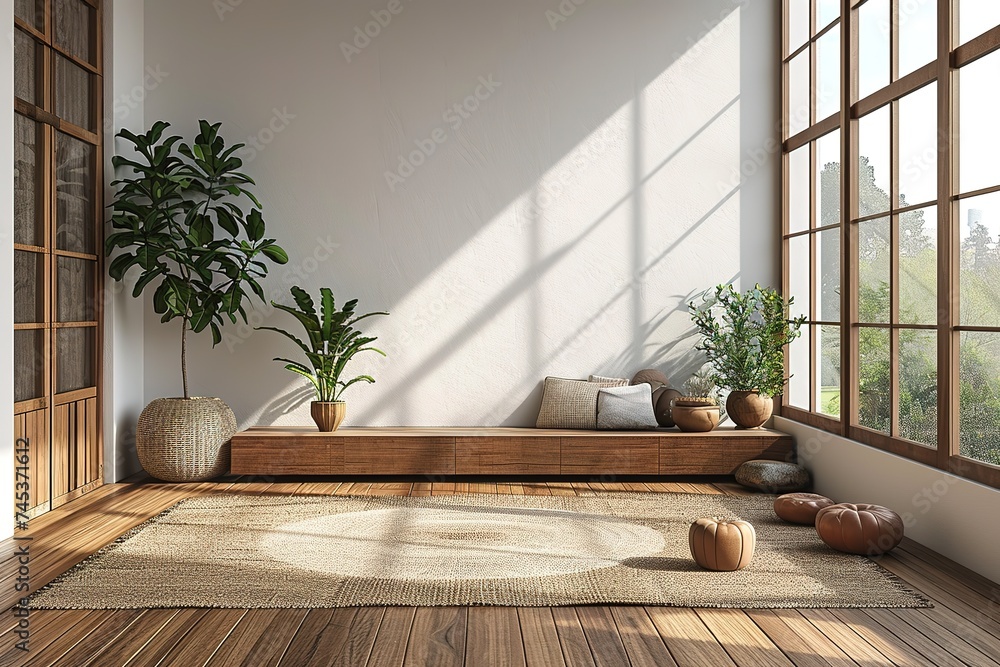 3D rendering minimal style living room with wooden floor ,white wall,wooden brown cabinet,big window,carpet