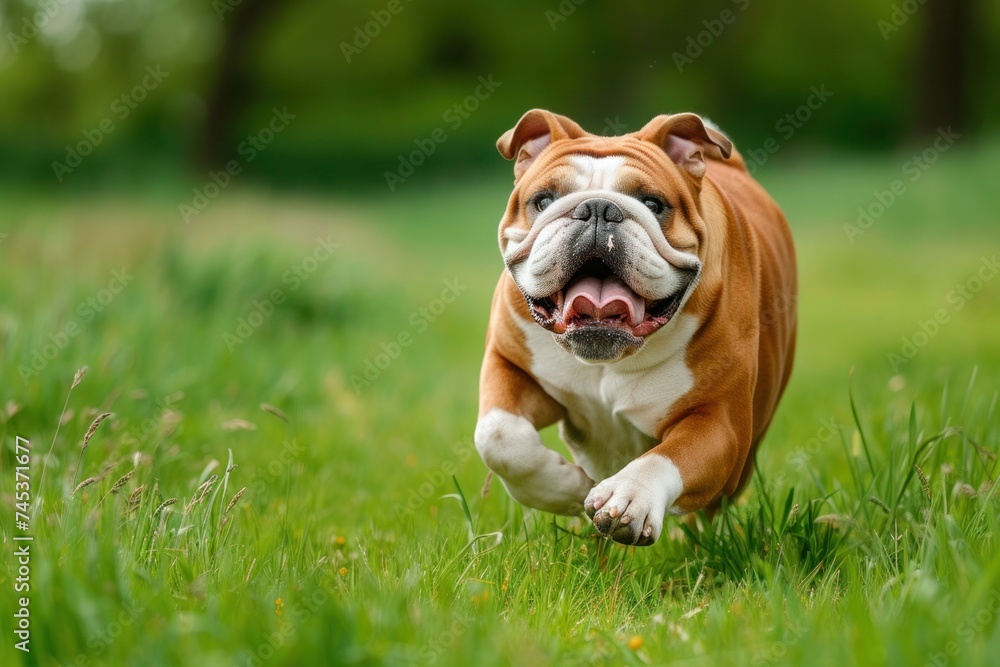 a bulldog is running through a grassy field