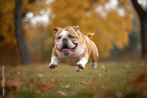 Bulldog leaping in a park, companion dog in a grassy area