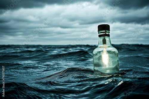 A lone glass bottle with a cork afloat on the wavy surface of the ocean depicts solitude and the concept of a message in a bottle photo