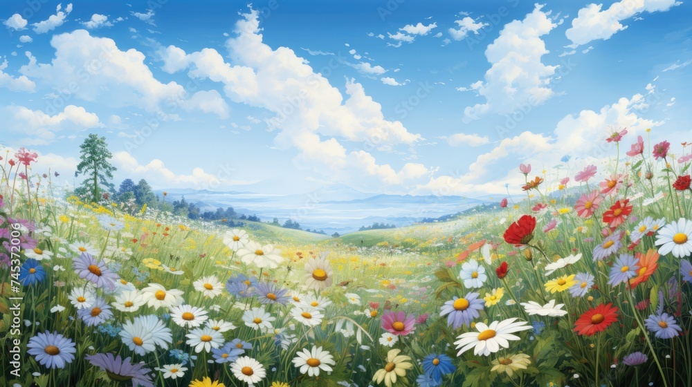 A serene painting of colorful wildflowers against a tranquil mountain and sky backdrop.