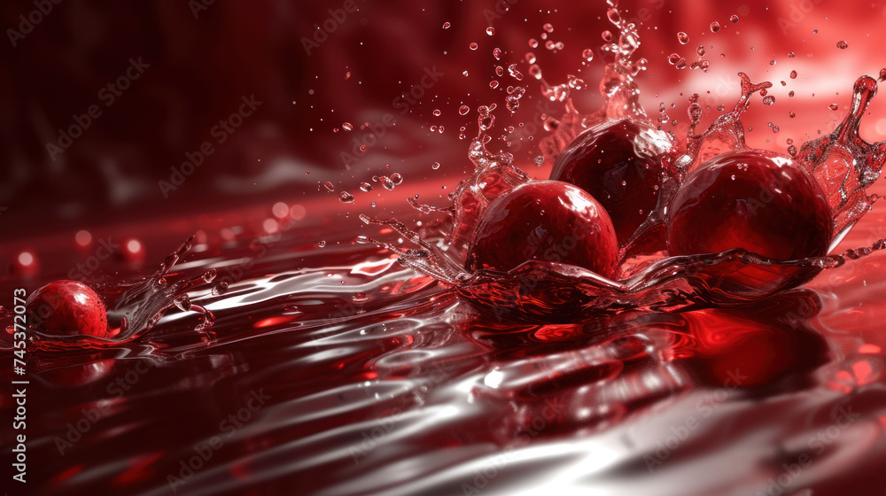 a group of red apples splashing into a body of water on top of a red and white tablecloth. a group of red apples splashing into a body of water on top of a red and white tablecloth.
