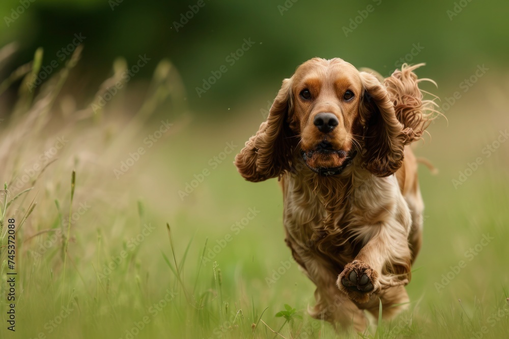 A Spaniel dog is playfully running through the grassy field