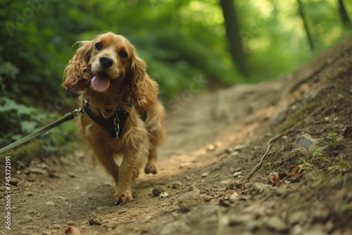 a cocker spaniel is walking on a leash on a dirt path in the woods