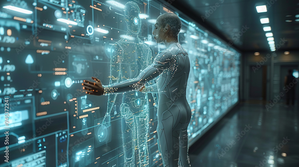 Technology improvement concept with 3d rendering robot move forward through future