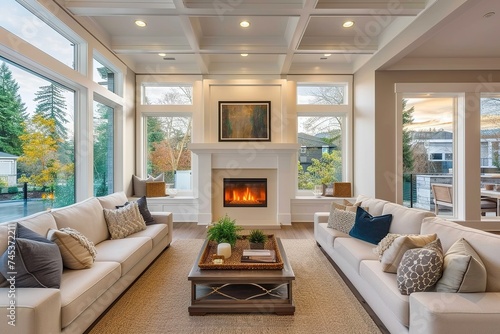 Beautiful living room interior with hardwood floors and fireplace in new luxury home, vertical orientation