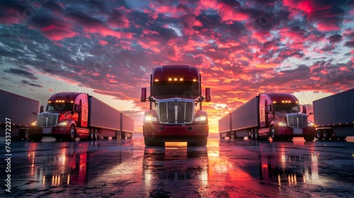 Two imposing semi trucks stand at the forefront of a convoy, gleaming under a breathtaking sunset sky, reflecting power and commerce