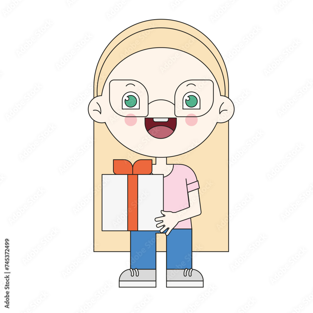 Cute cartoon little girl with glasses. Happy child with gift.
Vector kid illustration. Smile emotional art. Cute cartoon little girl with glasses. Happy child with gift.
Vector kid illustration. Smile emotional art.